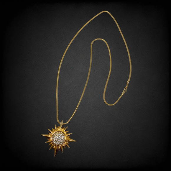 Swarovski Crystal Starburst Sun Gold Tone Celestial Statement Pendant Necklace - Picture 1 of 7